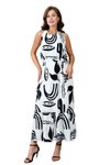 Siyah Beyaz Uzun Halter Yaka Eteği Volanlı Desenli Kuşak Detaylı Elbise