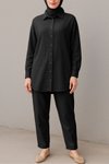 Siyah Boydan Düğmeli Pantolon Gömlek Keten İkili Takım