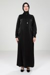 Siyah Broşlu Renk Parlak Kumaş Tesettür Elbise