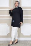 Siyah Çiçek Dikme Detaylı Tunik