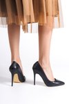 Siyah Cilt Stiletto Sivri Kapalı 11cm Yüksek İnce Ökçeli
