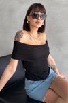 Siyah Gofre Kumaş Madonna Yaka Bluz