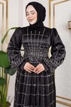 Siyah Kafes Model Saten Tesettür Abiye Elbise
