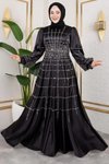Siyah Kafes Model Saten Tesettür Abiye Elbise