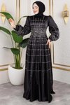 Siyah Kafes Model Saten Tesettür Abiye Elbise