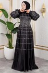 Siyah Kafes Model Saten Tesettür Abiye Elbise