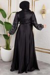 Siyah Kafes Model Saten Tesettür Abiye Elbise
