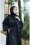 Siyah Krinkıl İpek Saten 3'lü Abaya Takım