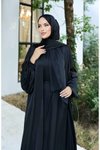 Siyah Krinkıl İpek Saten 3'lü Abaya Takım