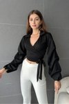 Siyah Kruvaze Yaka Beli Bağlamalı Balon Kol Bluz