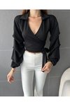 Siyah Kruvaze Yaka Beli Bağlamalı Balon Kol Bluz