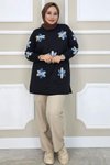 Siyah Mavi Dikme Çiçek Aksesuarlı Tunik