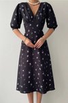 Black Midi Pearl Button Detail V Neck Satin Fabric Half Sleeve Floral Dress