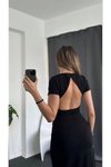 Siyah Midi Kısa Kollu Sırt Dekolteli Yırtmaçlı Basic Elbise