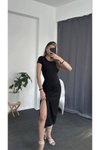 Siyah Midi Kısa Kollu Sırt Dekolteli Yırtmaçlı Basic Elbise