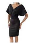 Siyah Midi Scuba Kumaş Düşük Kruvaze Yaka Kemer Detaylı Abiye Elbise