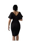 Siyah Midi Scuba Kumaş Düşük Kruvaze Yaka Kemer Detaylı Abiye Elbise