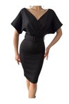 Siyah Midi Scuba Kumaş Düşük Kruvaze Yaka Kemer Detaylı Abiye Elbise