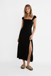 Siyah Midi Sırtı Çapraz Dökümlü Keten Karışımlı Elbise