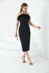 Siyah Midi Tüylü Otriş Detaylı Kalem Abiye Elbise