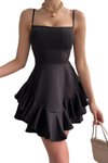 Siyah Mini Askılı Eteği Volanlı Balo Ve Mezuniyet Abiye Elbise