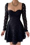 Siyah Mini Dantel Tasarım Kalp Yaka Uzun Kol Abiye Elbise