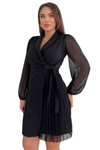 Siyah Mini Kruvaze Yaka Belde Düğüm Detaylı Tüvit Kumaş Kollar Şifon Modern Tasarım Elbise