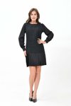 Siyah Mini Tüvit Kumaş Pilise Detaylı Sıfır Yaka Uzun Kollar Tül Elbise