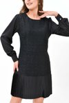 Siyah Mini Tüvit Kumaş Pilise Detaylı Sıfır Yaka Uzun Kollar Tül Elbise