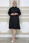 Siyah Omuzlardan Kollara Düğme Detay Tunik