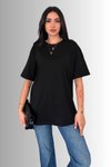 Siyah Oversize Bisiklet Yaka %100 Pamuk Penye T-Shirt