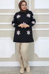 Siyah pembe Pembe Dikme Çiçek Aksesuarlı Tunik