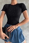 Siyah Taş Baskılı Kaş Korse Bluz