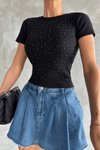 Siyah Taş Baskılı Kaş Korse Bluz
