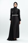 Siyah Taşlı Saten Tesettür Abiye Elbise