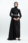 Siyah Taşlı Saten Tesettür Abiye Elbise