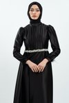 Siyah Taşlı Saten Tesettür Abiye Elbise