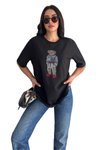 Siyah Teddy Bear Özel Taş İşlemeli Tasarım Oversize Rahat Kesim T-Shirt