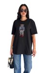Siyah Teddy Bear Özel Taş İşlemeli Tasarım Oversize Rahat Kesim T-Shirt