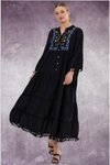 Black Long Pleated Back Buttoned Front Embroidered Linen Design Dress with Inner Lining