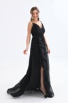 Black Long Frilled Ruffle Detailed Slit Strappy Evening Dress