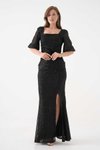 Black Long Sparkly Sequined Balloon Sleeve Slit Square Neck Evening Dress