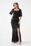 Siyah Uzun Işıltılı Payetli Balon Kol Yırtmaçlı Kare Yaka Abiye Elbise
