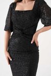 Siyah Uzun Işıltılı Payetli Balon Kol Yırtmaçlı Kare Yaka Abiye Elbise