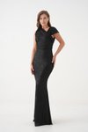 Siyah Uzun Omuz Detaylı Pul Payet Balık Abiye Elbise