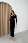 Siyah Uzun Omuz Ve Bel Dekolte Detaylı Sandy Şık Elbise