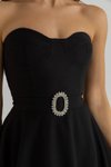 Siyah Uzun Taş Tokalı Straplez Abiye Elbise