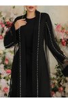 Siyah Yakası Ve Kolları İncili Beli Bağcıklı İkili Abaya