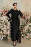 Siyah Yakası Ve Kolları İncili Beli Bağcıklı İkili Abaya