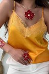 Açık Turuncu Saten Askılı Bluz Dantel Yaka